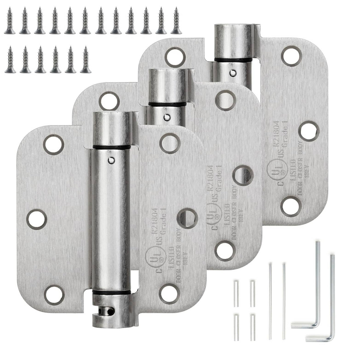 Self-closing door hinges, satin nickel finish, rounded hinge plates, 3-pack