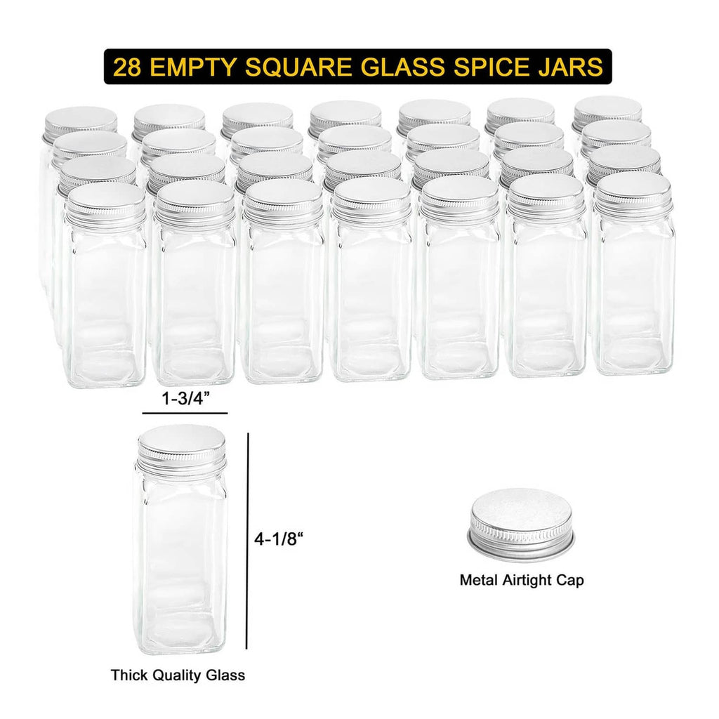 Set of 28 empty square glass spice jars with metal airtight caps