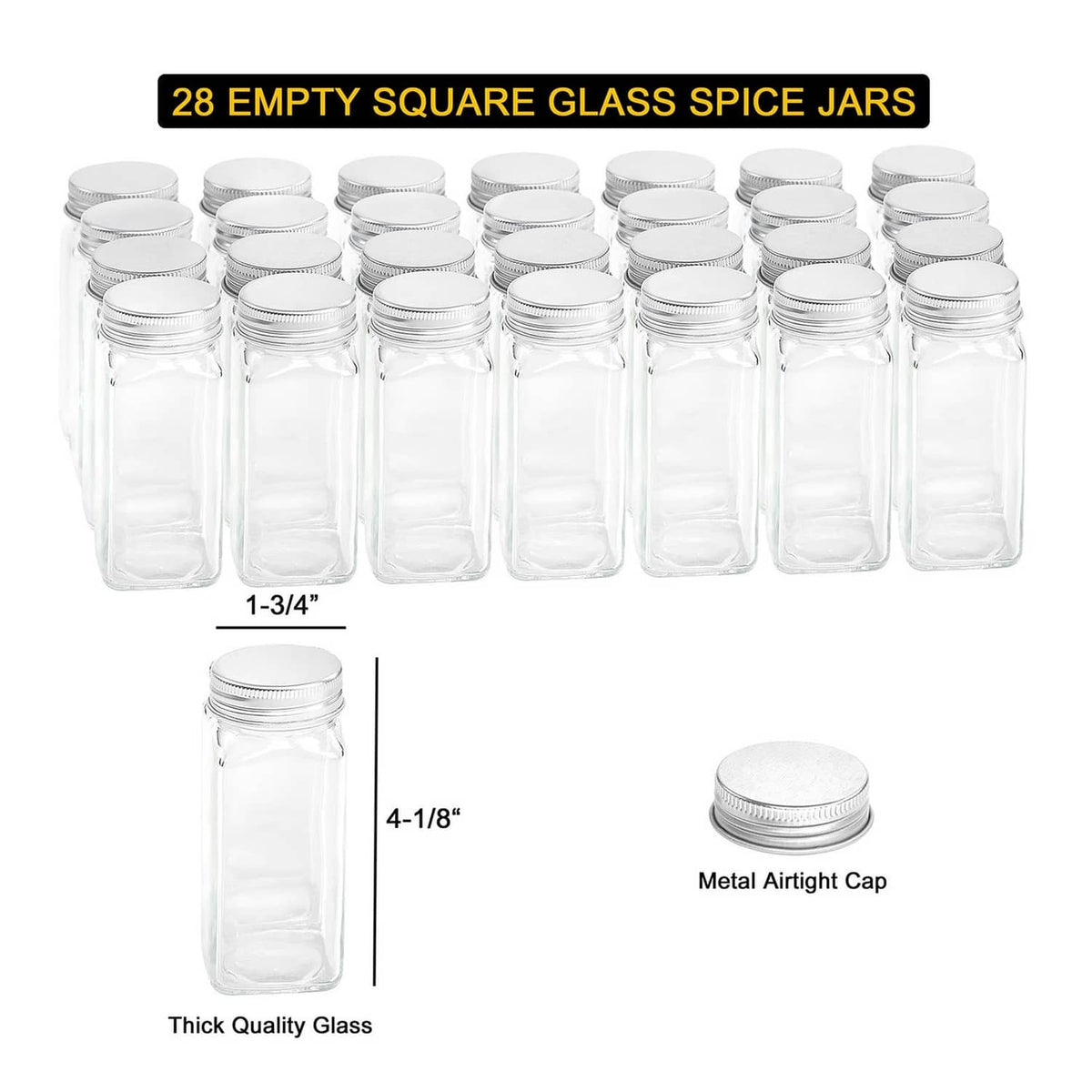Set of 28 empty square glass spice jars with metal airtight caps