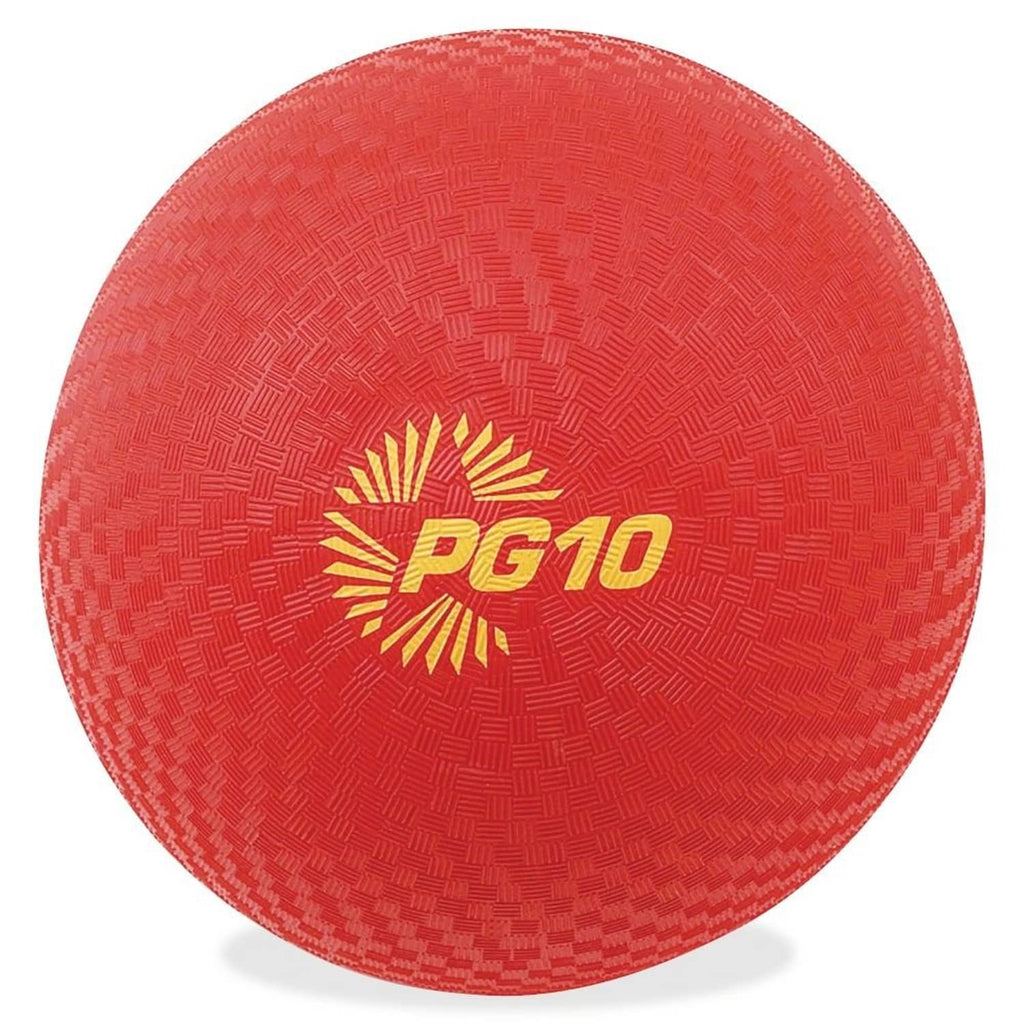Red 10-inch playground ball with PG10 logo and textured grip surface