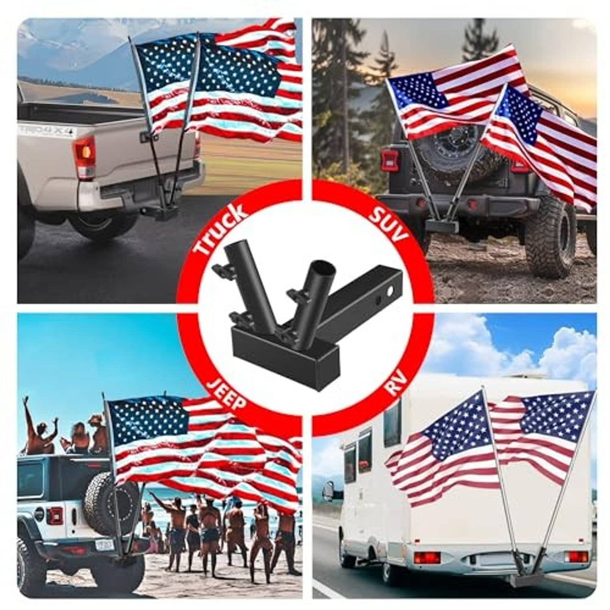 Black trailer hitch flag pole holder with two upright poles and U-bolt grips