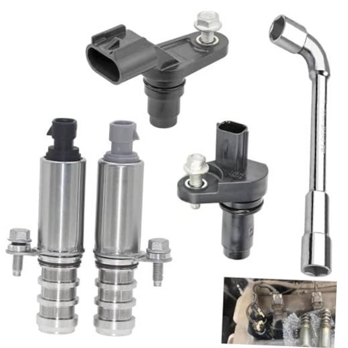 Camshaft position actuator with camshaft sensor, black and silver metal components