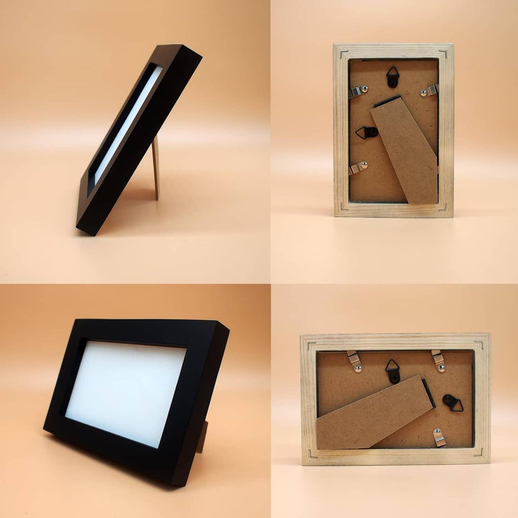 Black solid wood picture frame, angled view and open back showing cork backing