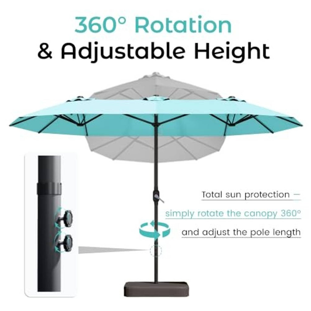 Turquoise umbrella canopy with black pole, 360 rotation and adjustable height diagram