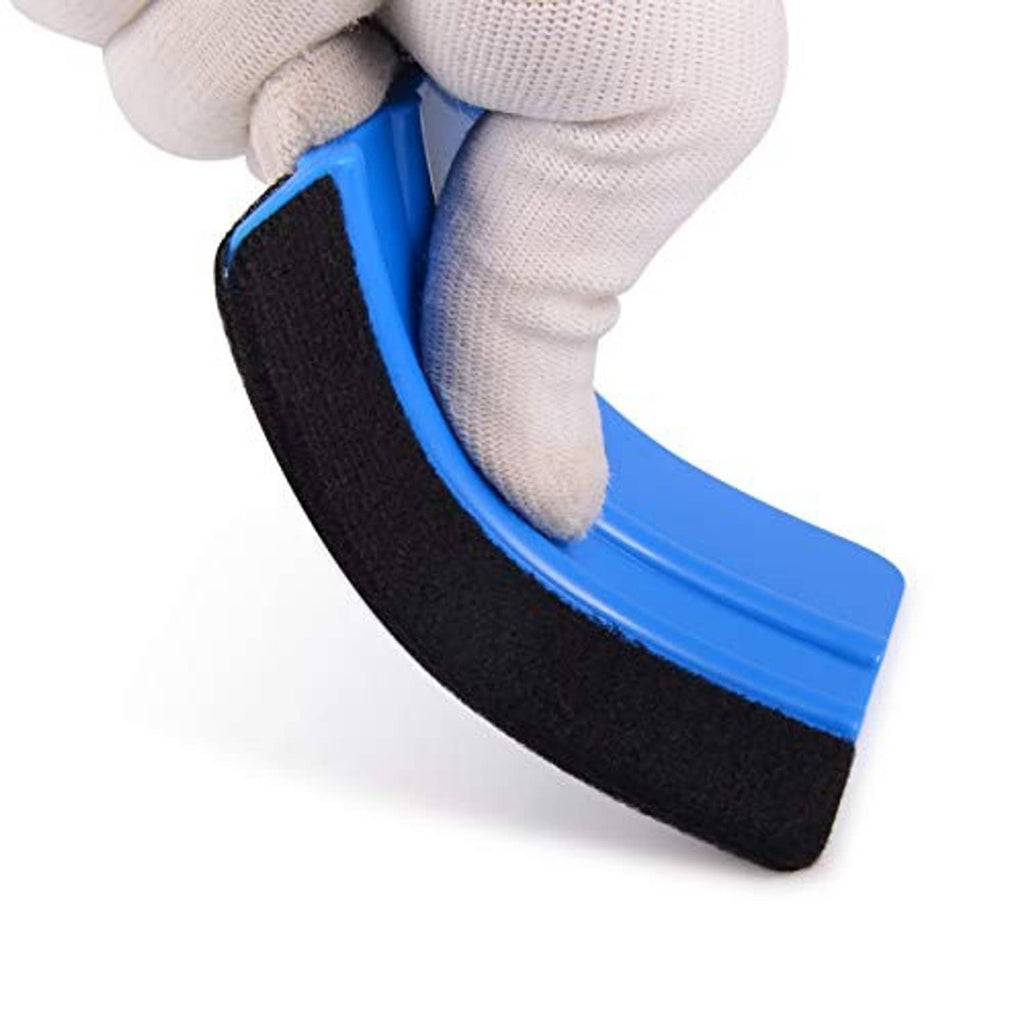 Gloved hand using blue vinyl squeegee with black felt edge to press vinyl smoothly