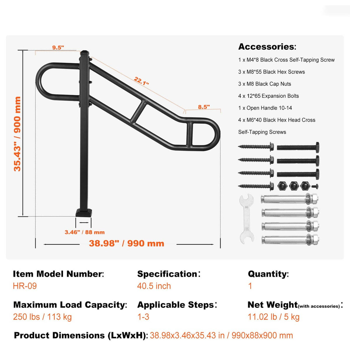 Black handrail with included screws, bolts, and expansion anchors accessories