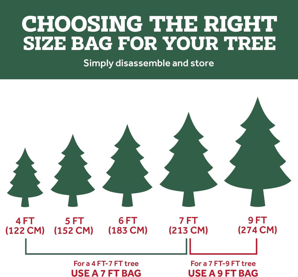 Christmas tree storage bag sizing chart showing bag for 9 ft trees
