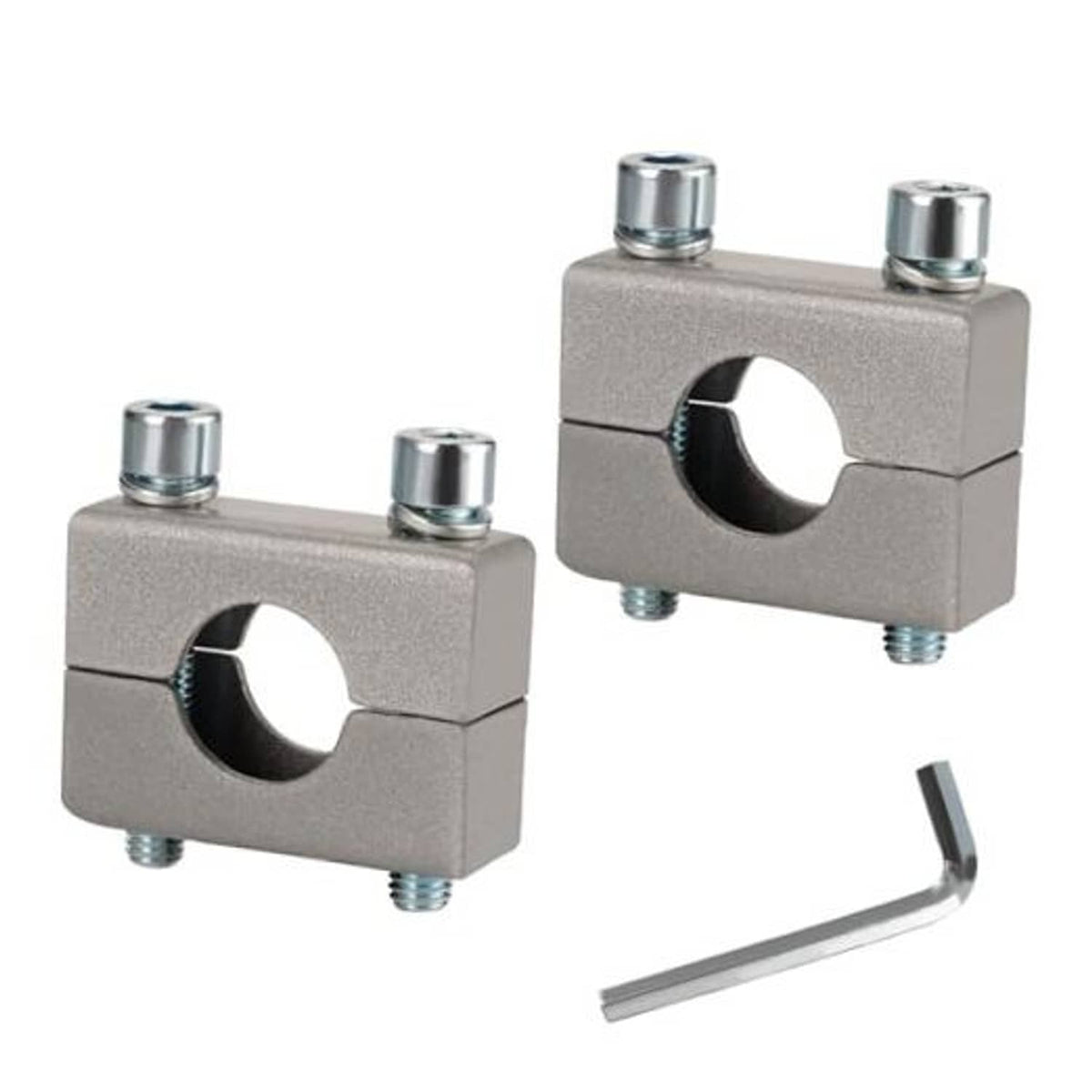 Set of silver handlebar clamp risers with two blocks, bolts, and Allen wrench