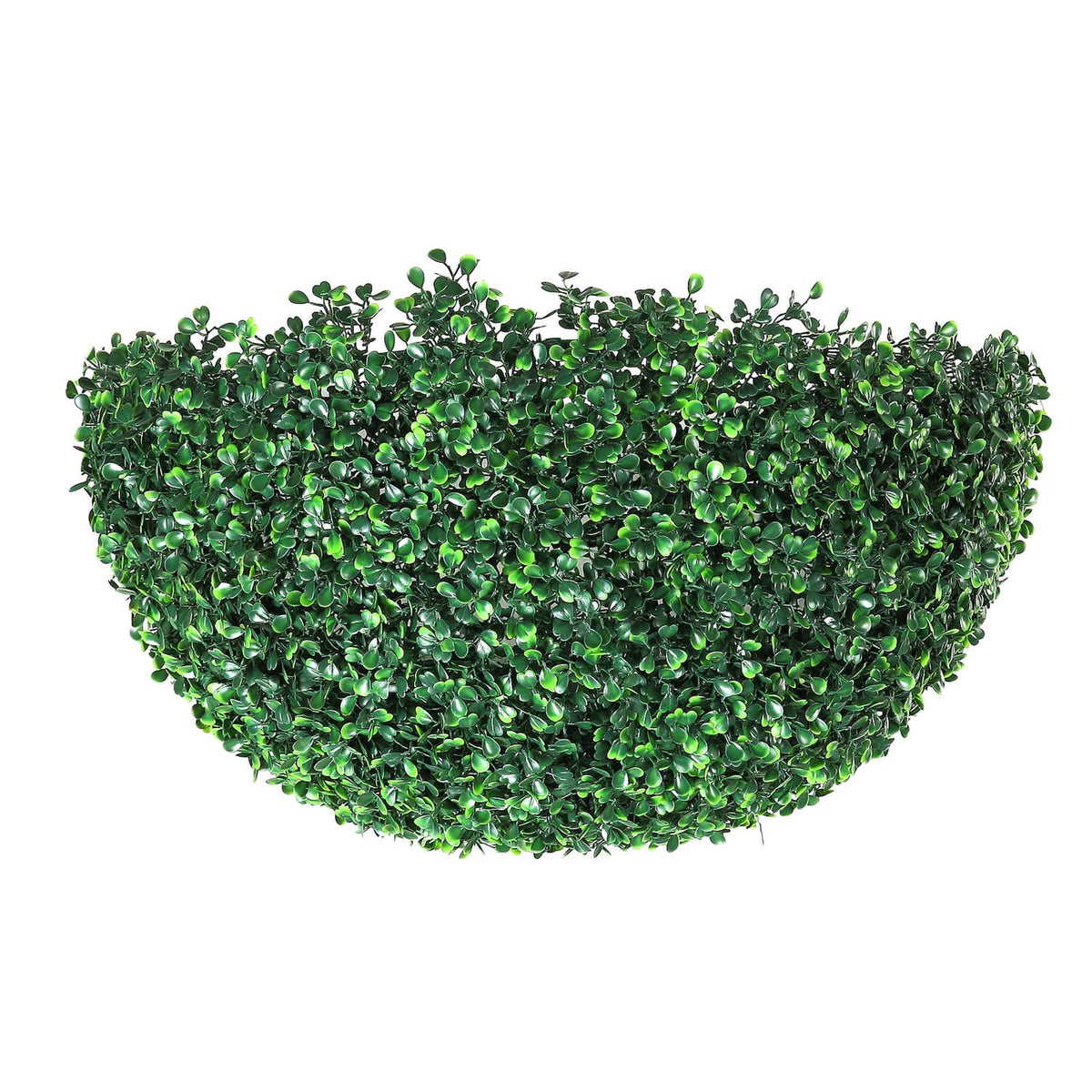 Artificial greenery topiary ball with dense faux leaves, angled view
