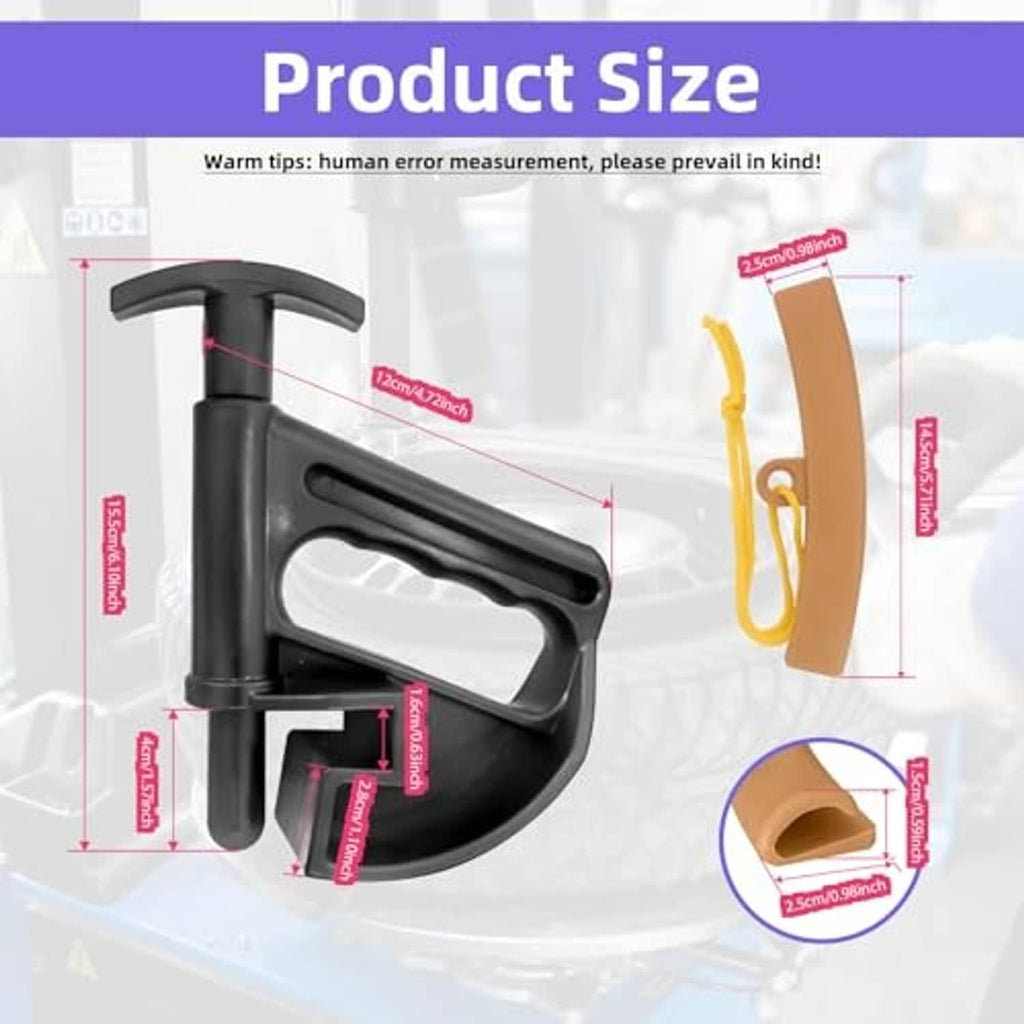 Tire bead clamp with tan drop-center rim protector and yellow safety strap