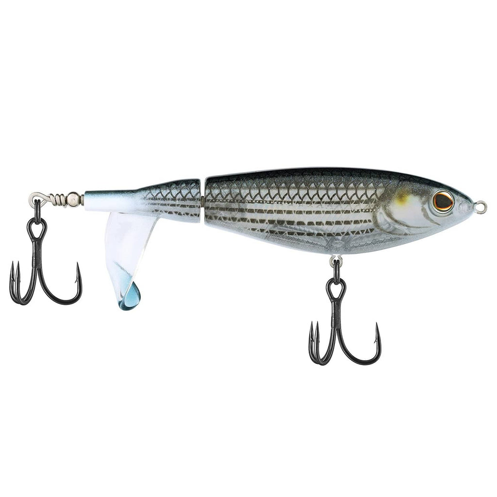 Berkley Choppo 120mm mullet topwater lure with silver treble hooks, white/gray finish