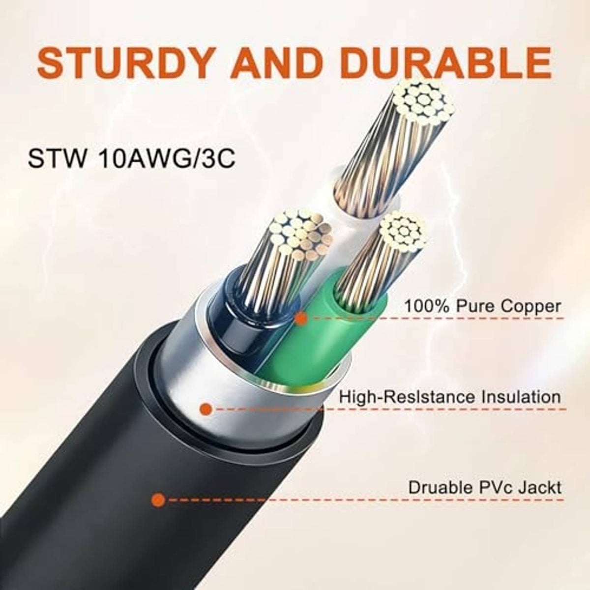 Black adapter cable with internal conductors and durable PVC jacket