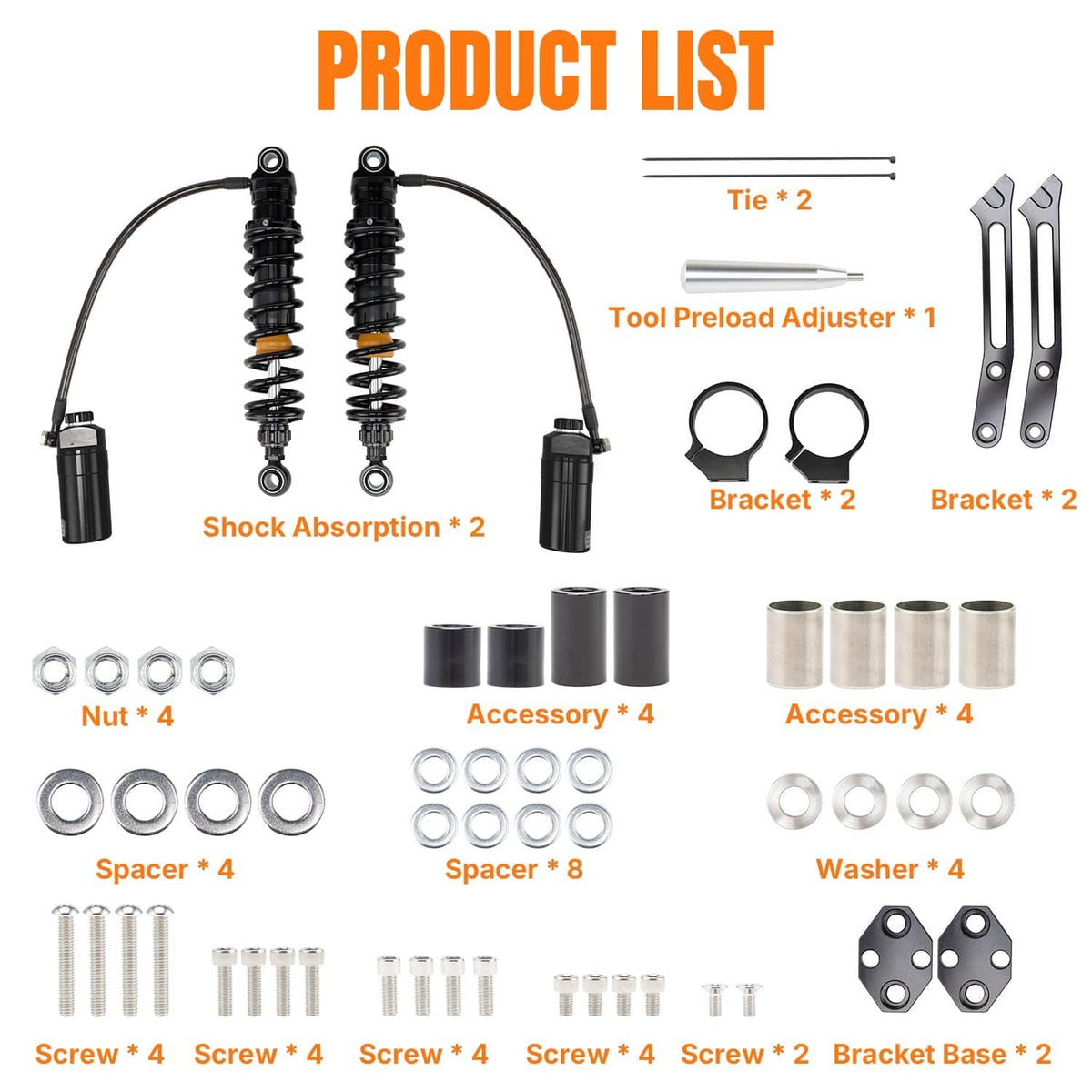 Rear shock remote reservoir kit parts layout with shocks, bracket plates, and fasteners