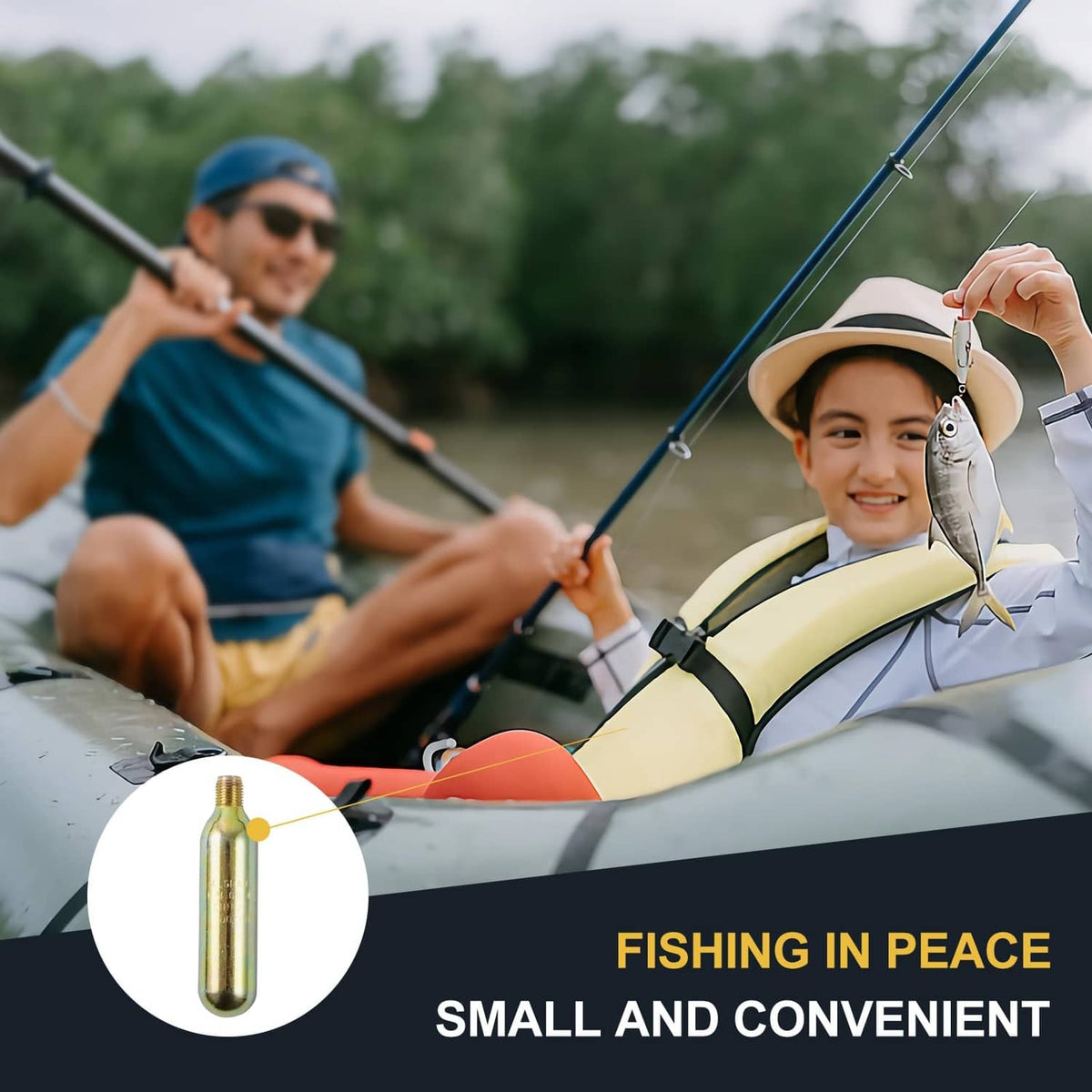 CO2 cartridge shown as an inset badge for life jacket rearming