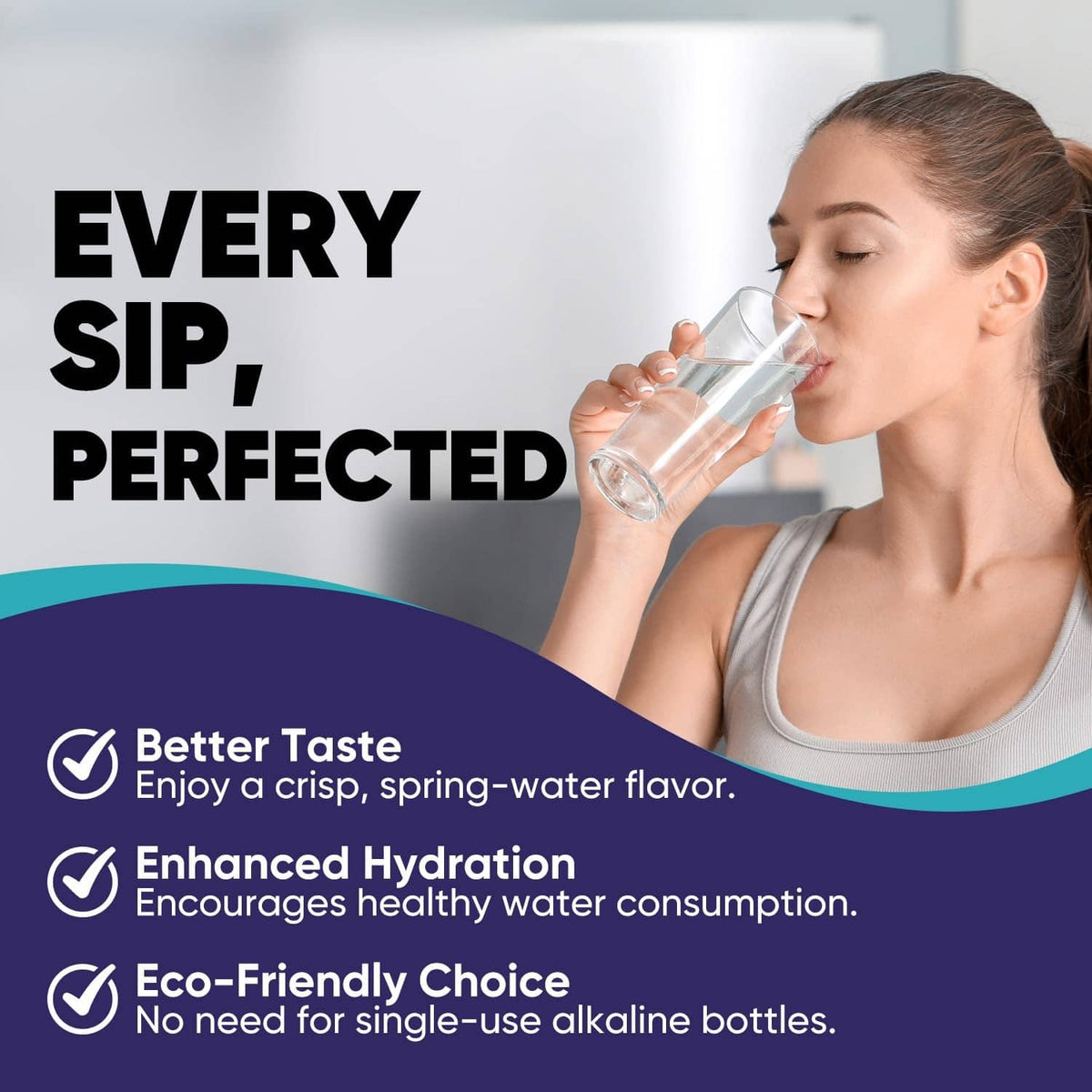 White alkaline water filter cartridge beside drinking water glass