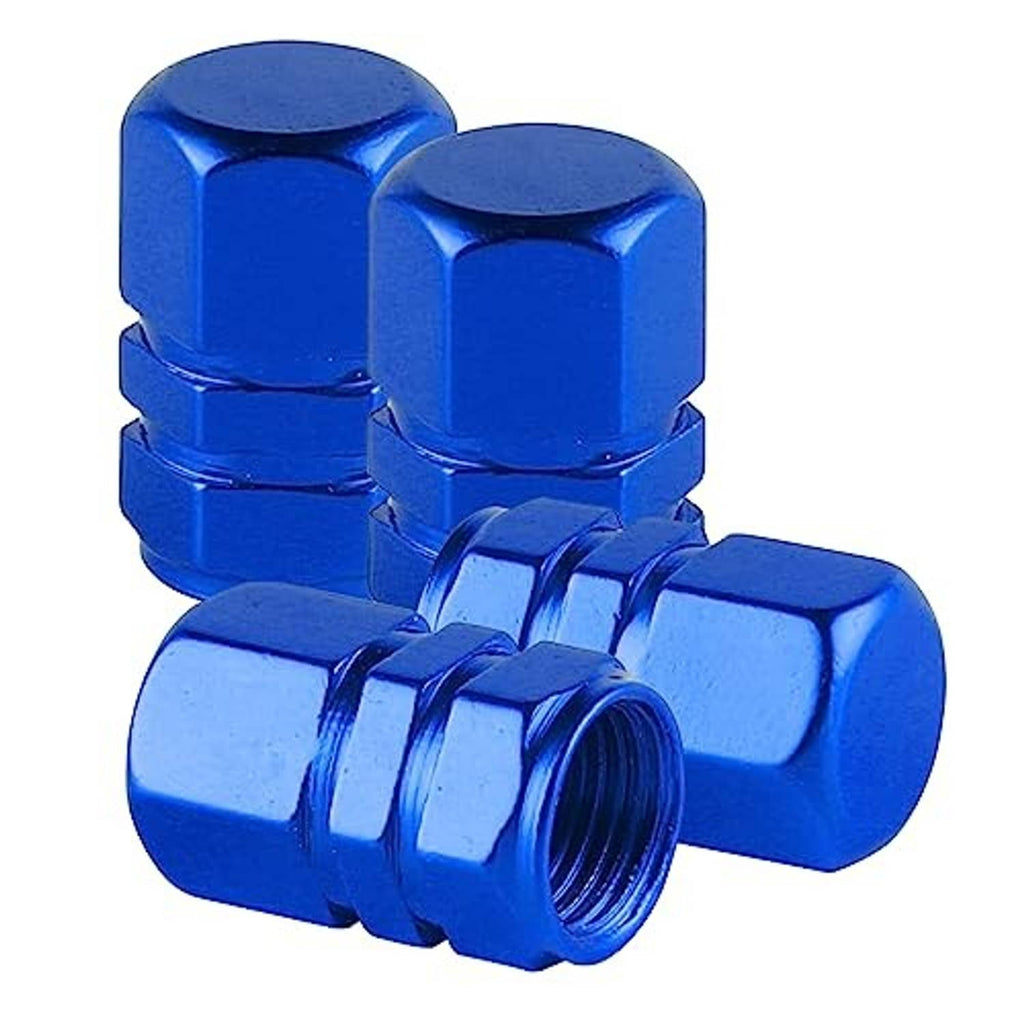 Blue aluminum tire valve stem caps with hex tops and threaded valve opening (4-pack).