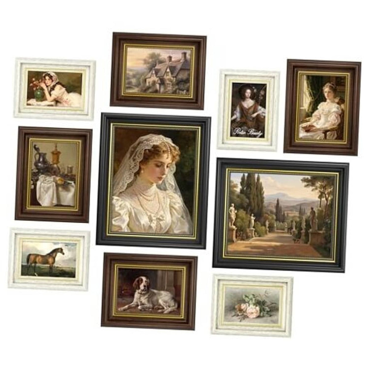 Vintage collage photo frame set, dark and white frames with gold-tone inner trim