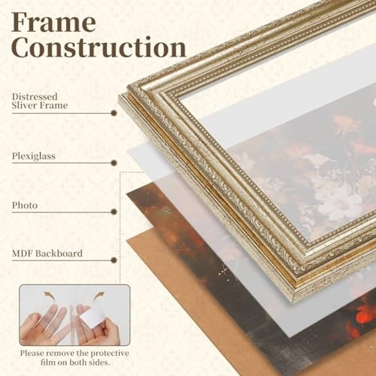 Distressed champagne-silver picture frame with ornate trim and clear plexiglass front