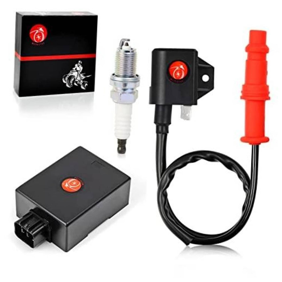 Ignition coil, spark plug, and CDI box kit with red wire connectors