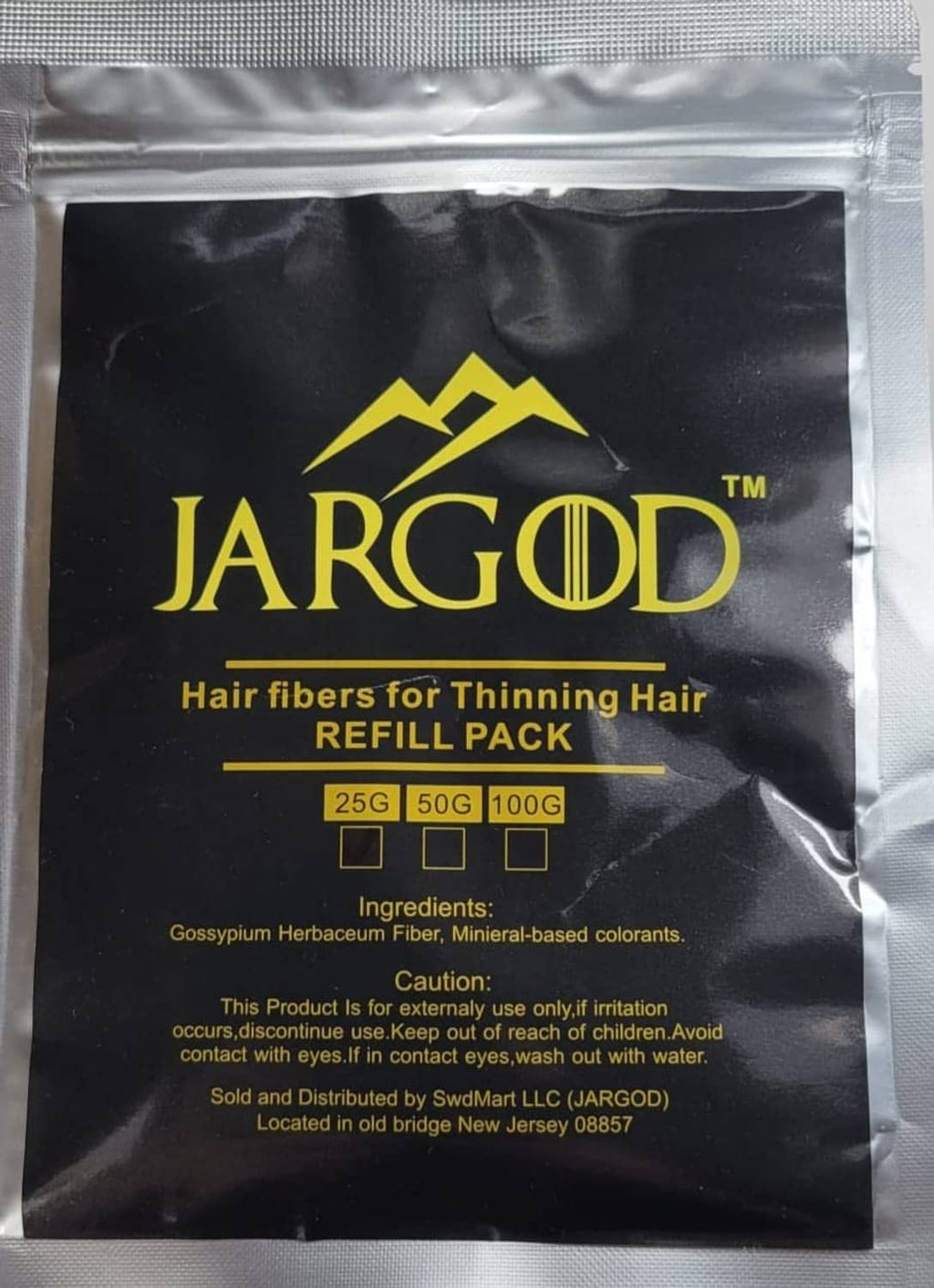 JARGOD hair fibers refill pack, black pouch with gold '25G 50G 100G' marks