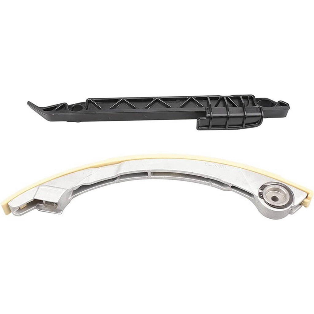 Timing chain kit with black guide rail and curved plastic chain guide with roller