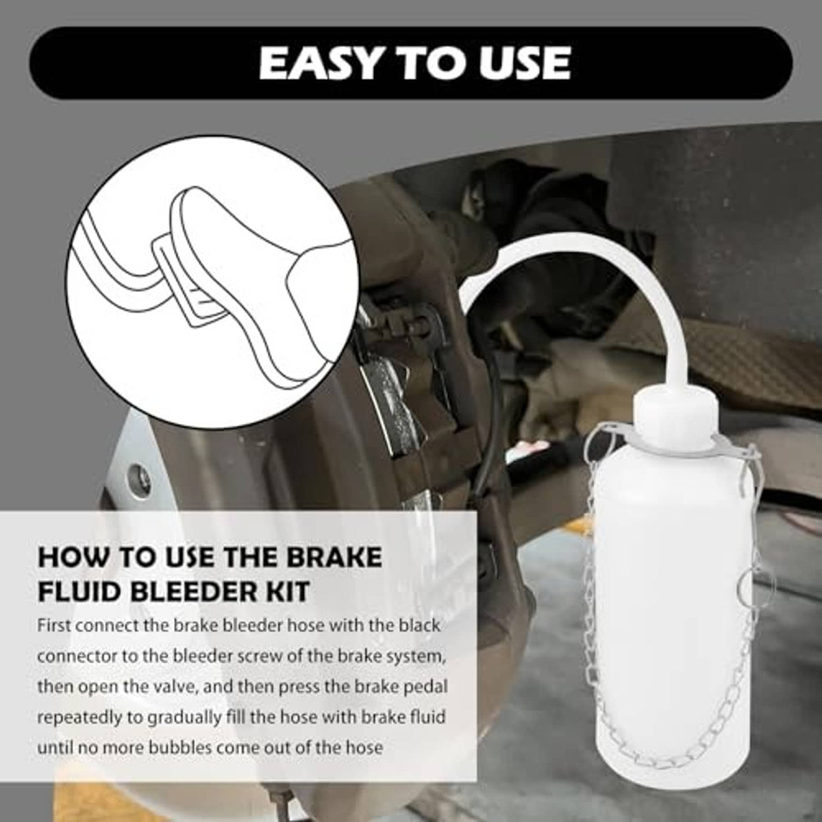 Brake bleeder bottle kit for bleeding: white reservoir with chain and clear hose