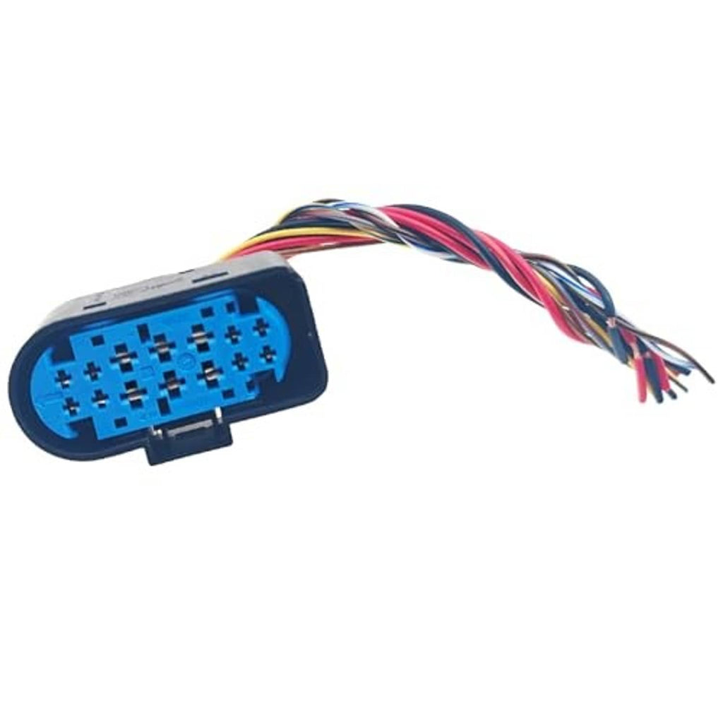 14-pin headlight connector plug with blue connector face and bundled multicolor wires