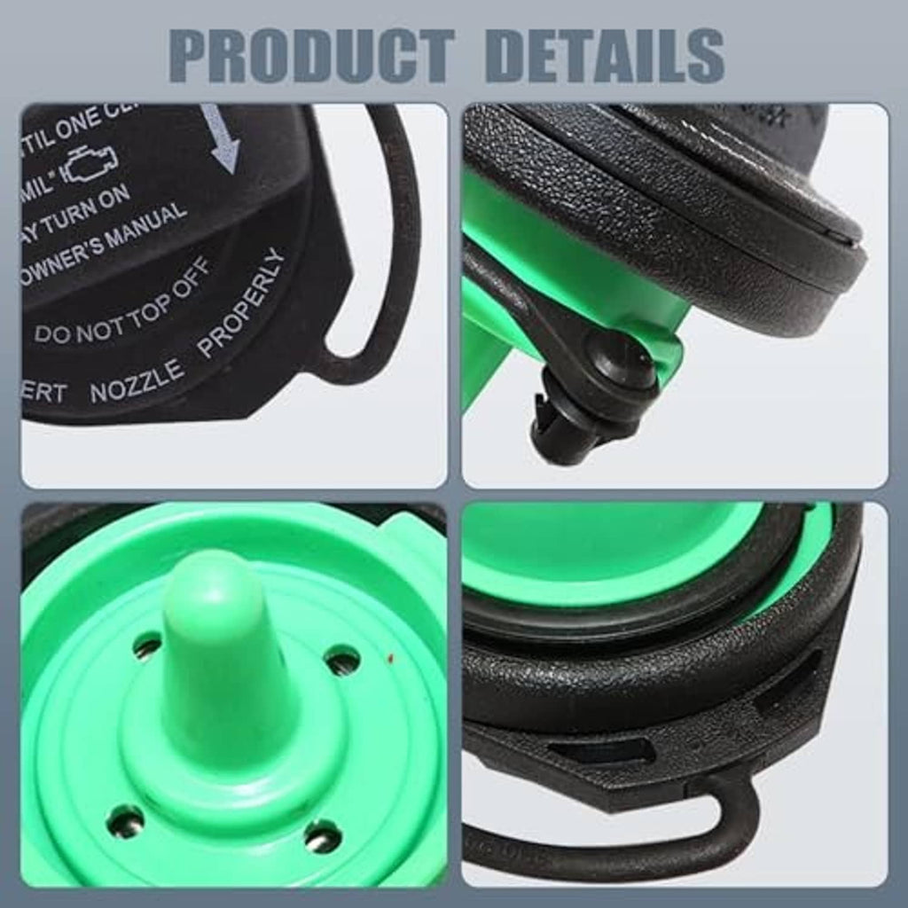 Fuel cap filler cap close-up: green insert with mounting holes and textured black rim