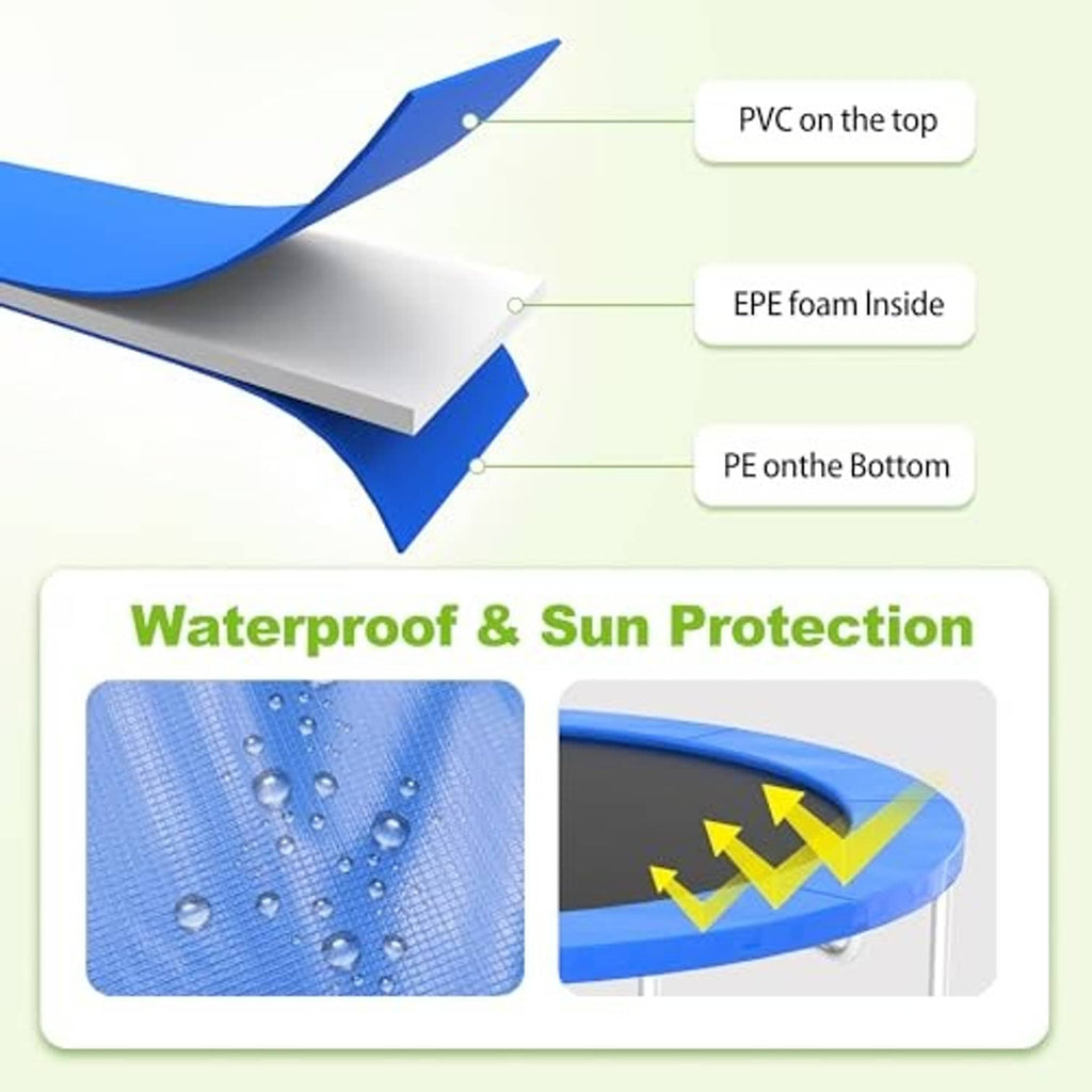 Trampoline pad layers: PVC top, EPE foam inside, and PE bottom