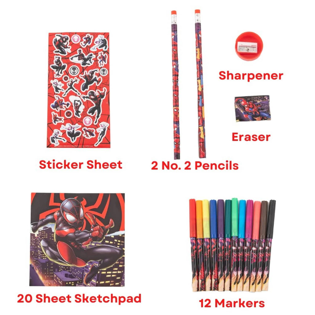 Spider-Man sticker sheet with sketchpad, colored markers, and 2 pencils