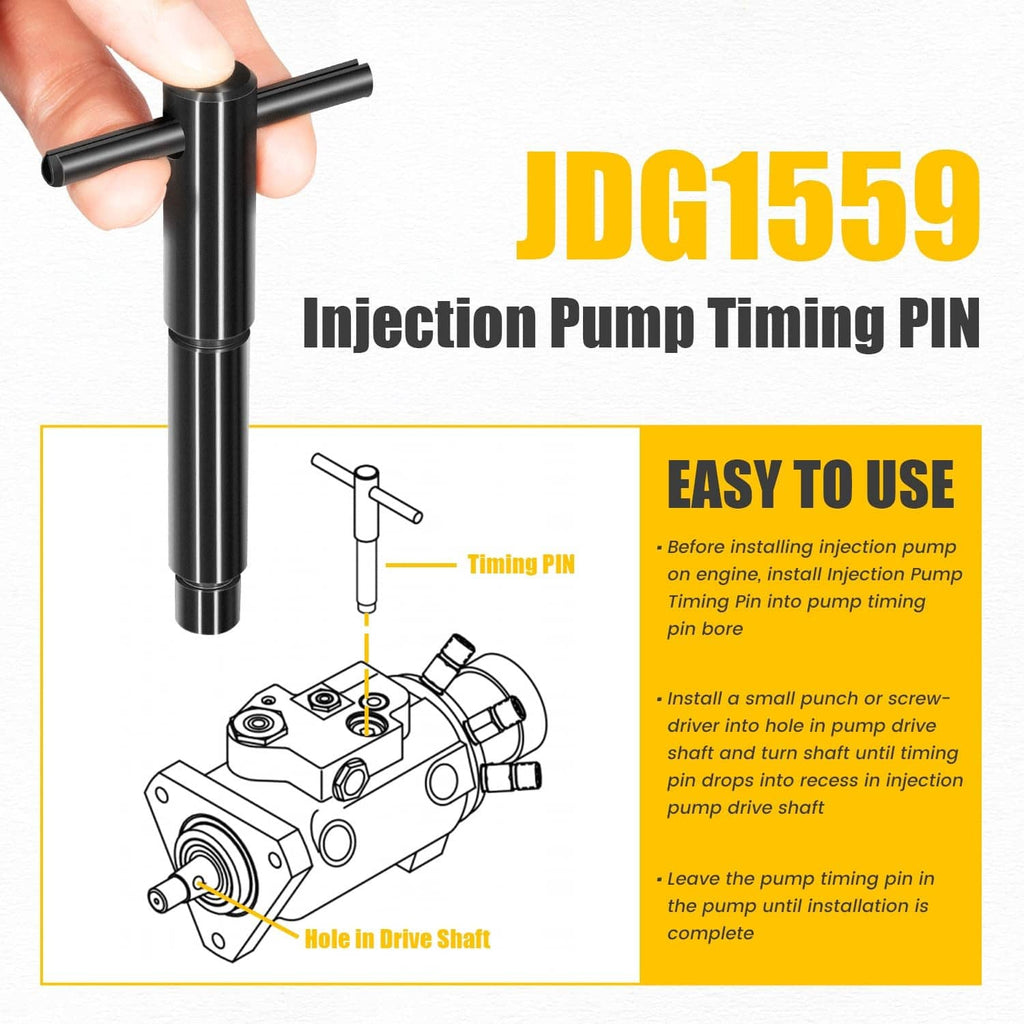 Injection pump timing pin held by hand, black cylindrical tool with right-angle end