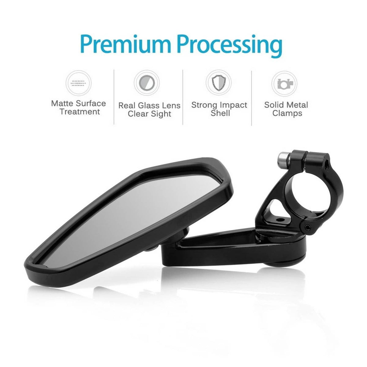 Black motorcycle bar-end side mirror with tinted glass lens and mounting clamp.