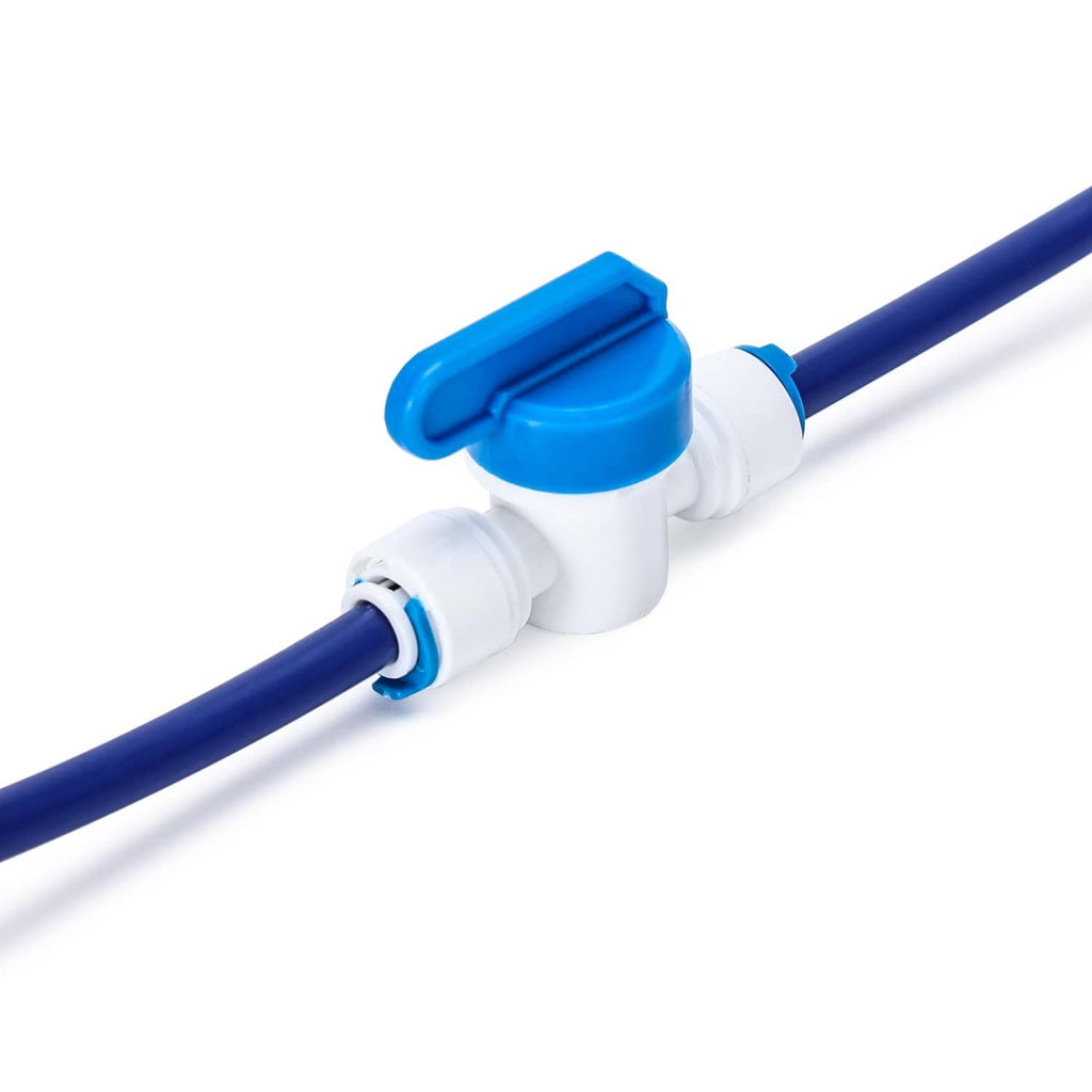 White 1/4-inch push-in water tube quick-connect fitting on blue tubing, close-up