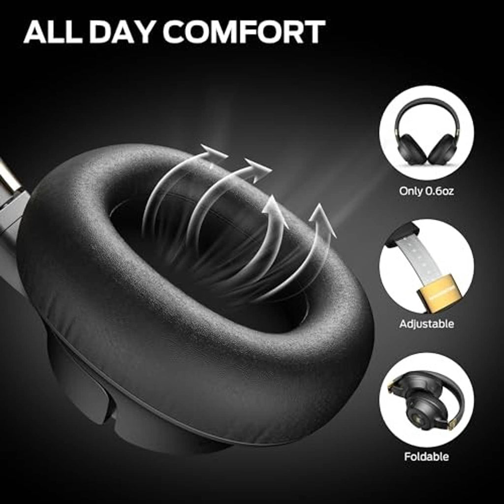 Black over-ear headphones with cushioned headband and ear pads, shown for comfort