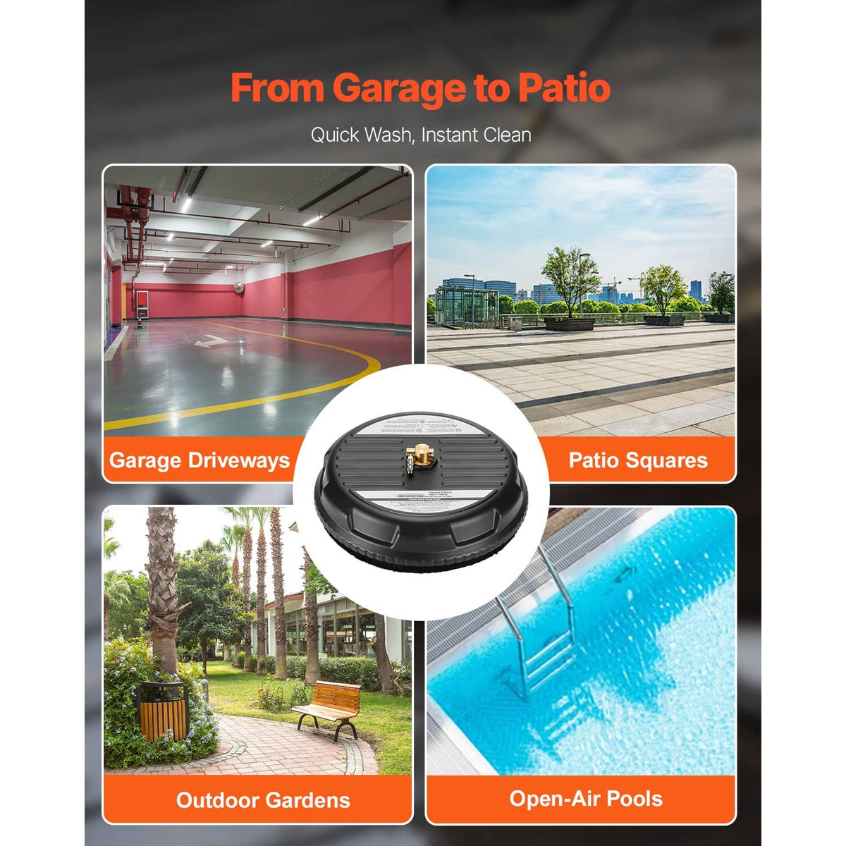 Black pressure washer surface cleaner disc shown centered among outdoor cleaning areas