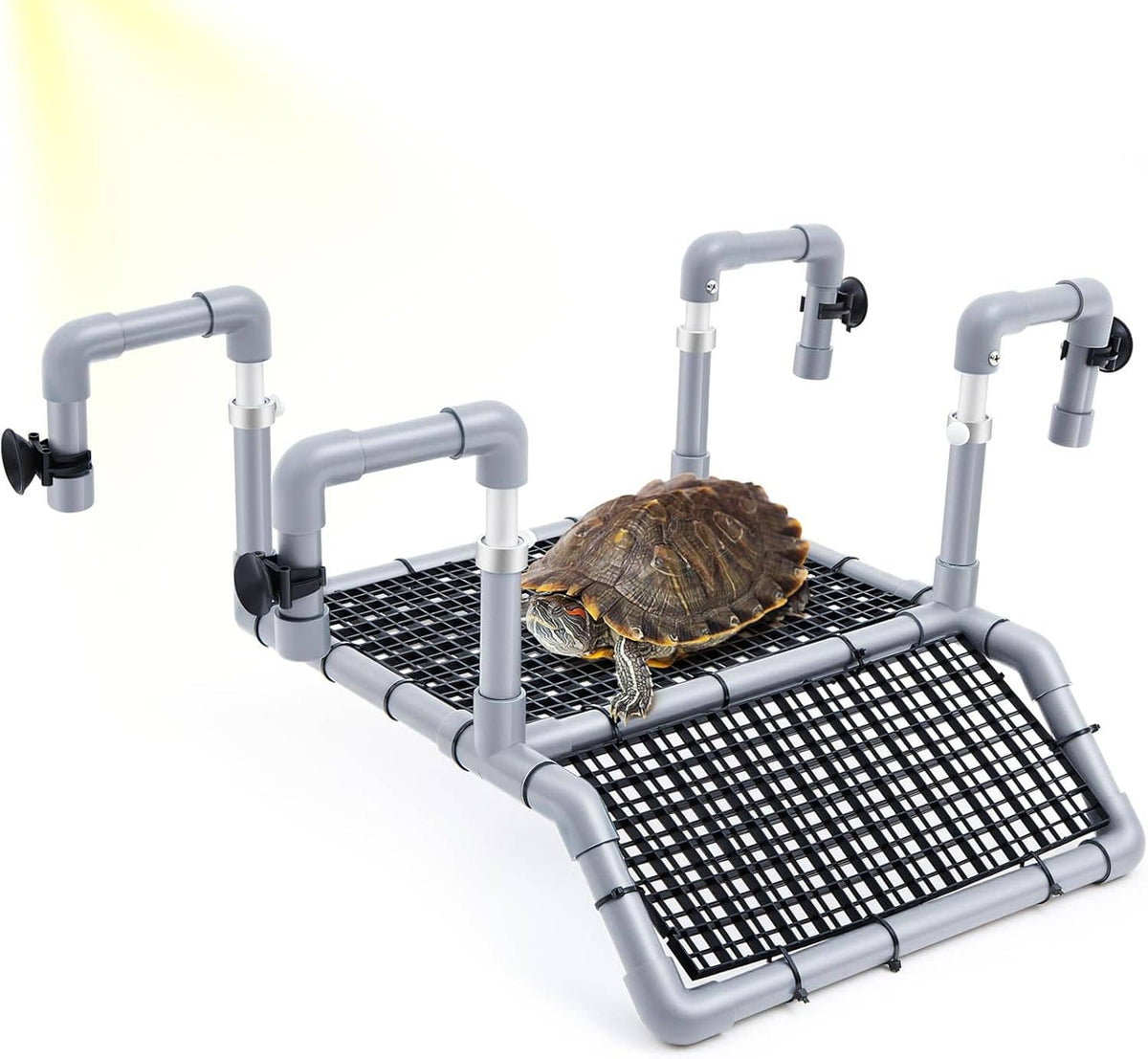 Adjustable X-large turtle basking platform with black grid ramp and gray pipe frame