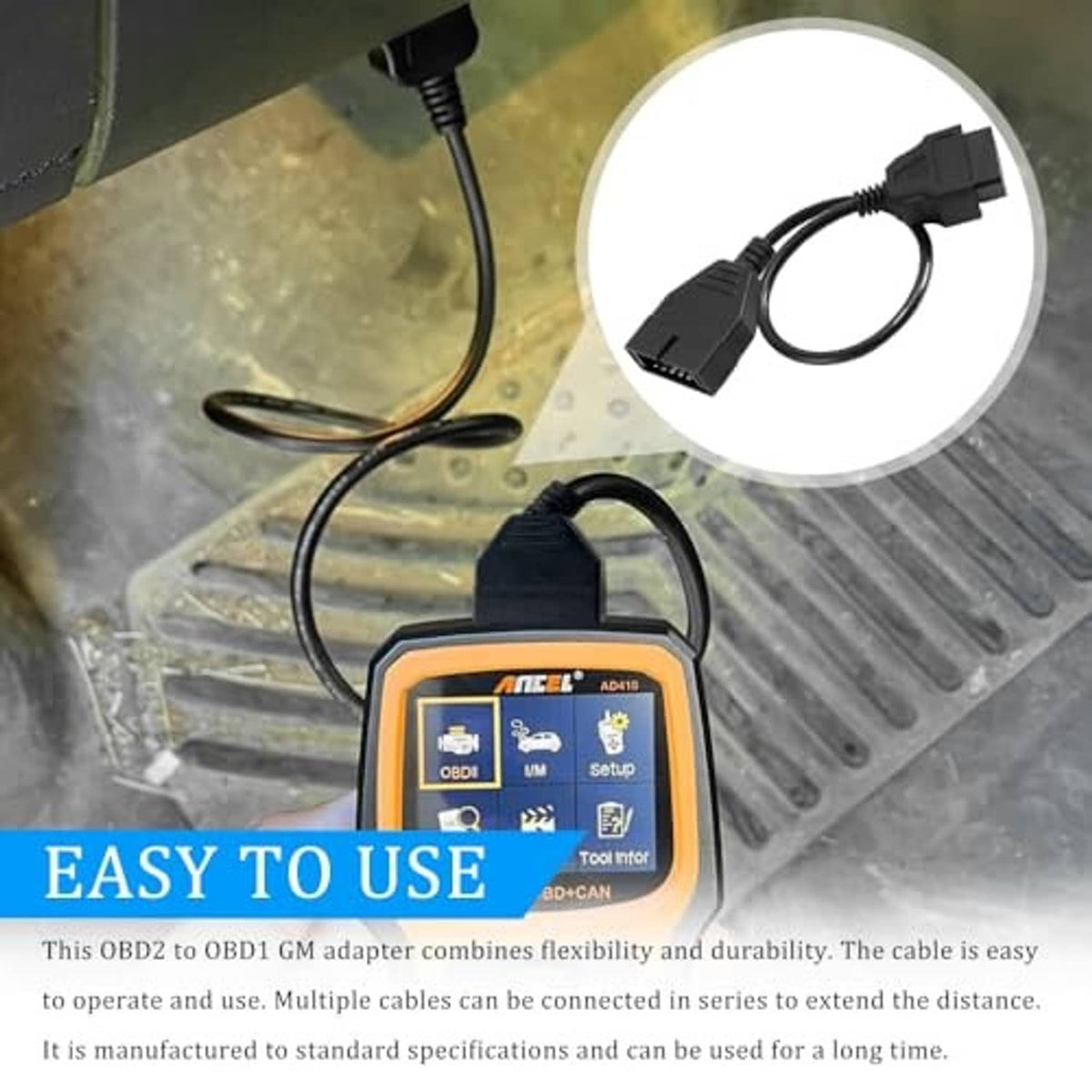 OBD1-to-OBD2 adapter cable connected to a handheld OBD2 scanner