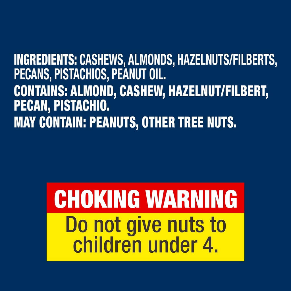 Mixed nuts label panel with ingredients list and choking warning