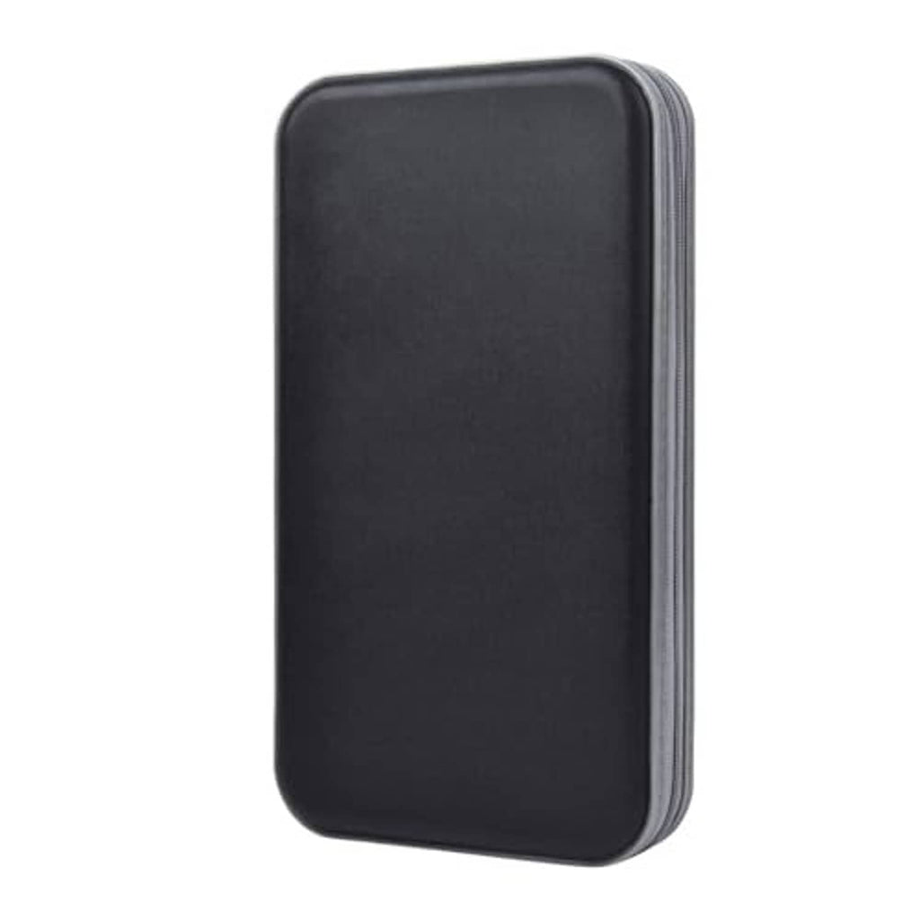 Black portable CD/DVD case wallet with zipper track along the side edge