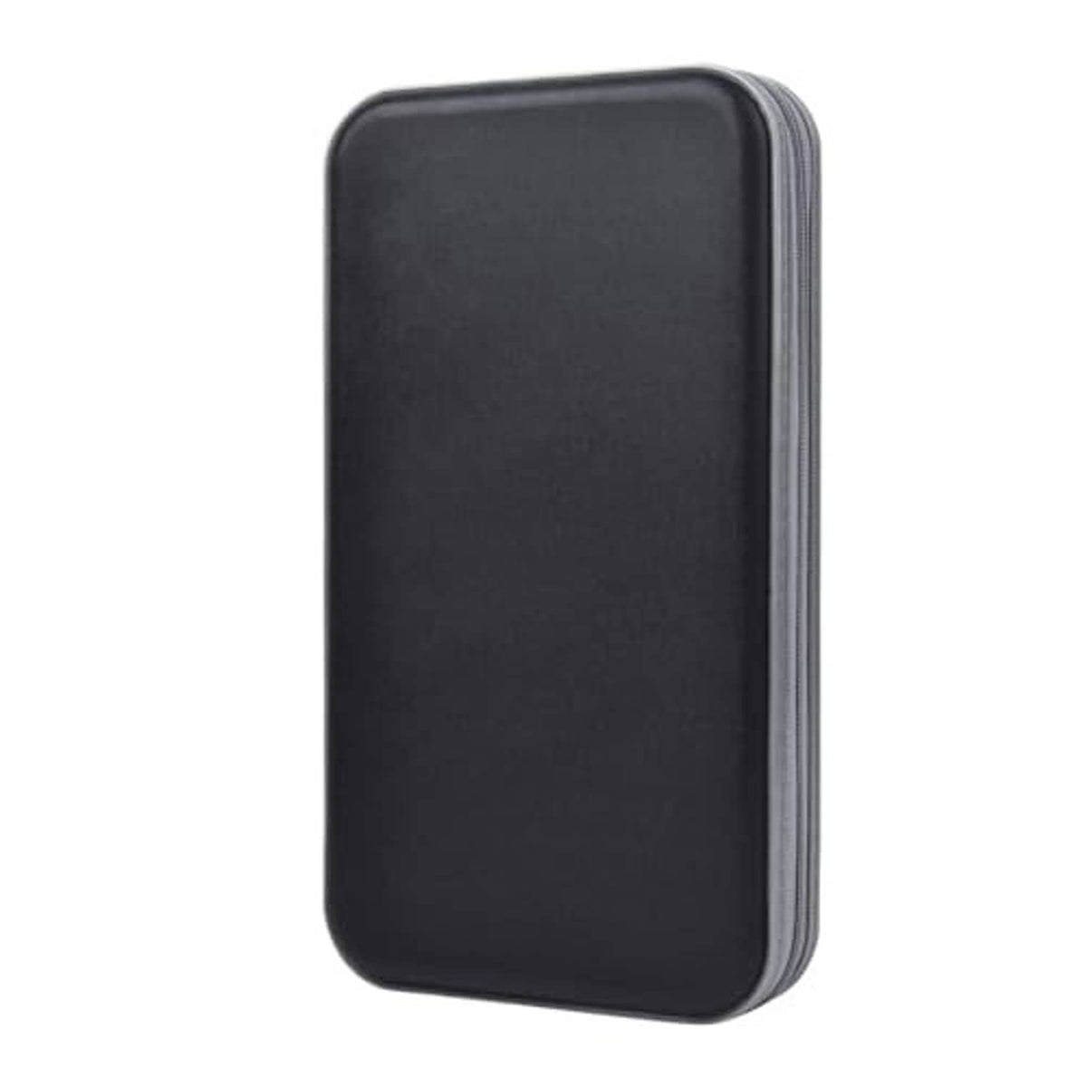 Black portable CD/DVD case wallet with zipper track along the side edge