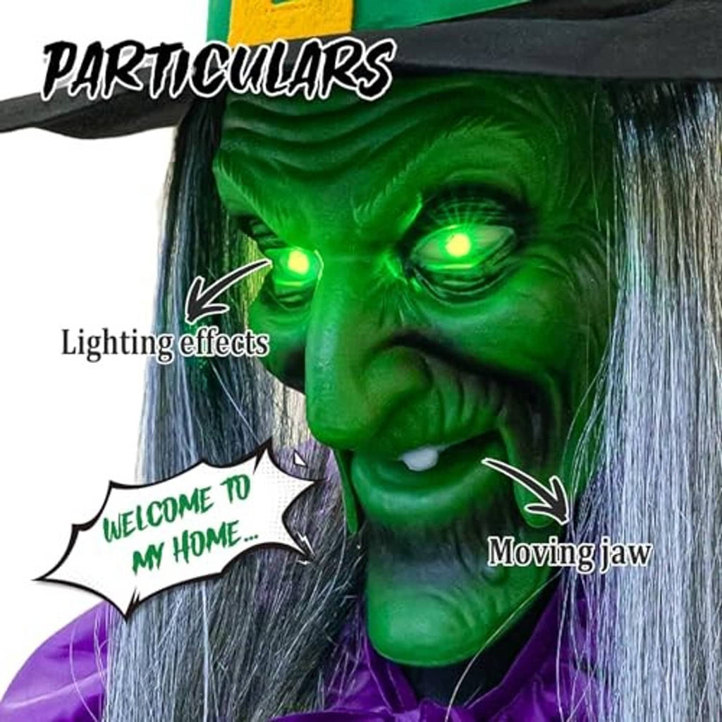 Close-up of glowing green witch face with bright light-up eyes and long gray hair strands