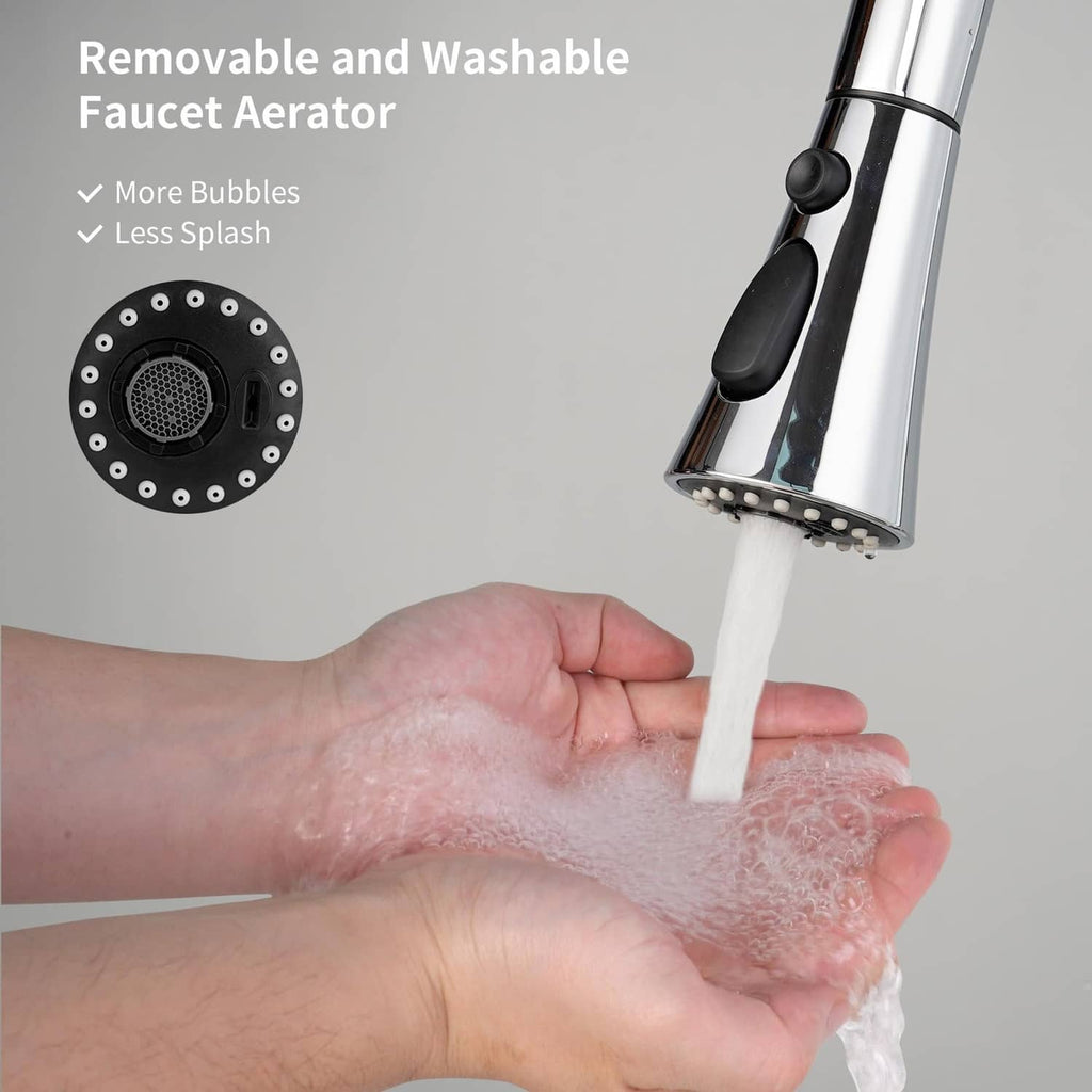 Removable black aerator on a chrome faucet sprayer head with water flow