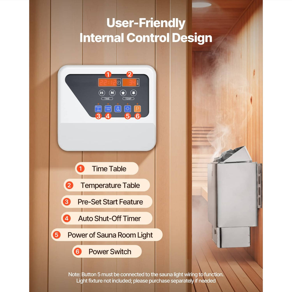 Wall-mounted digital sauna control panel with temperature and timer buttons