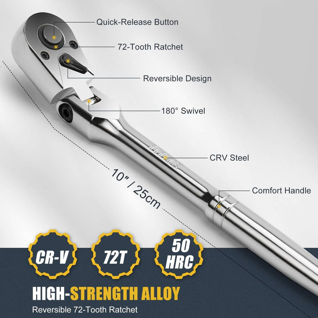 Silver flex-head ratchet wrench with quick-release button and long handle