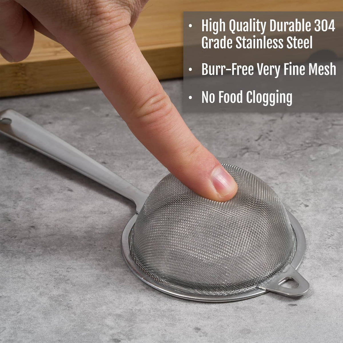 Stainless steel fine-mesh sifter with rim and long handle for straining