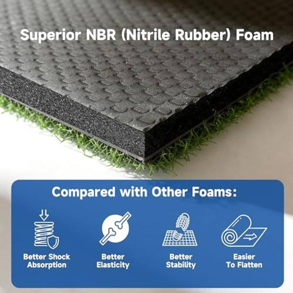 Golf hitting mat with black textured foam pad under the green turf surface