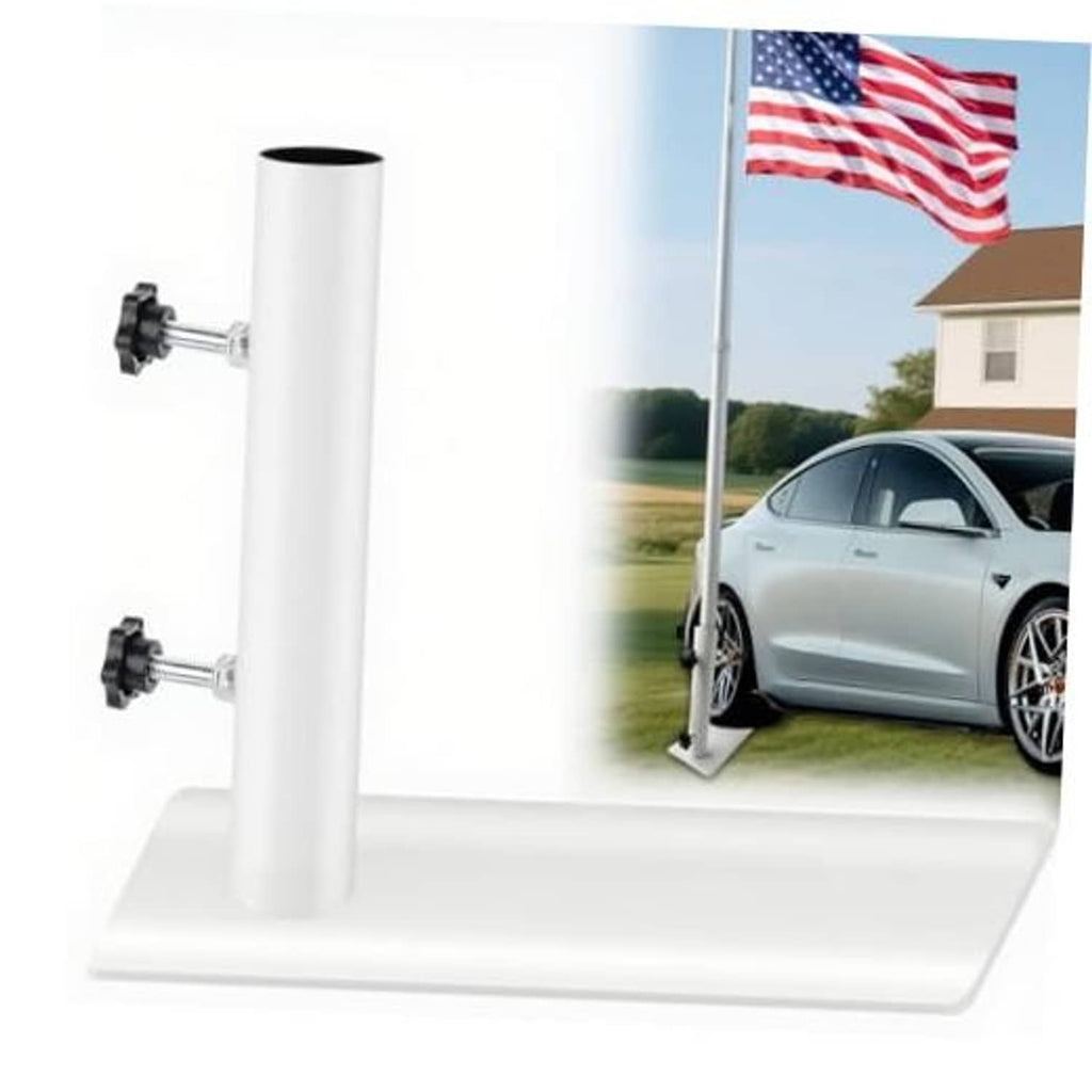 White metal flagpole tire mount with vertical post and two side mounting clamps