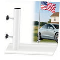 White metal flagpole tire mount with vertical post and two side mounting clamps