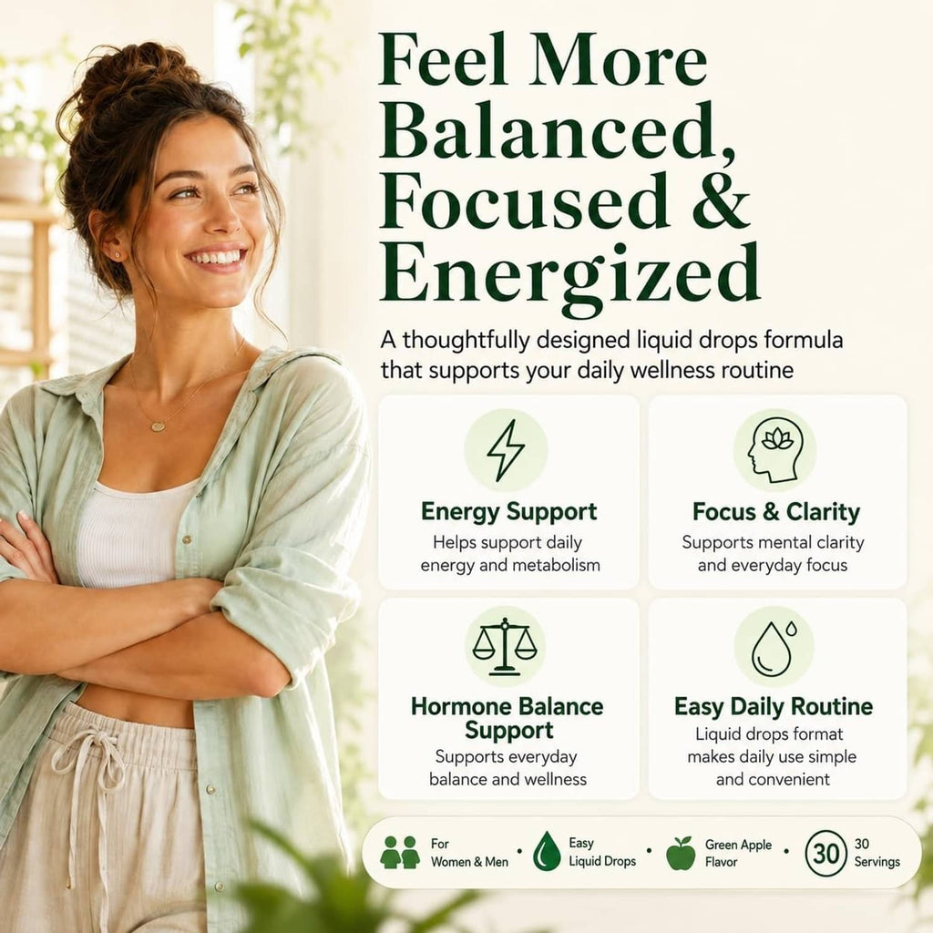 Liquid drops wellness benefits panel with a smiling woman and benefit icons