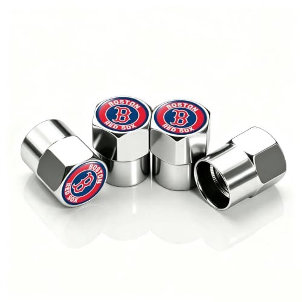 Silver tire valve stem caps with Boston Red Sox logo round inserts, four pieces
